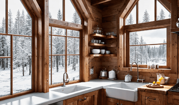beautiful window view in log cabin kitchen window