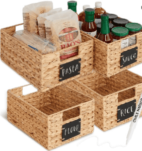 wicker baskets with labels for pantry use