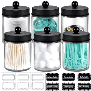 6 bathroom canisters with labels