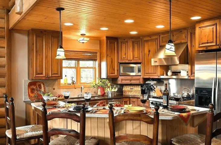 lighting in log cabin kitchen