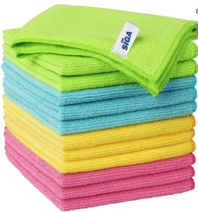 pink yellow blue and green microfiber cleaning cloths stacked