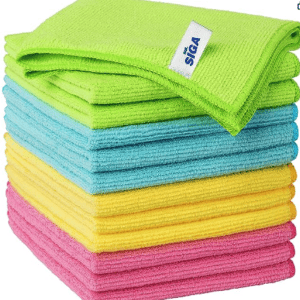 pink yellow blue and green microfiber cleaning cloths stacked