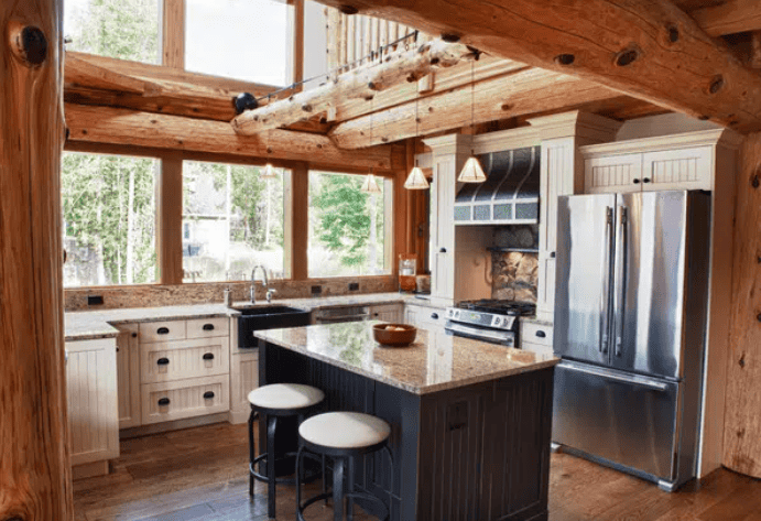 large window in cabin kitchen
