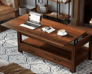 multifunctional coffee table with computer and drink on top