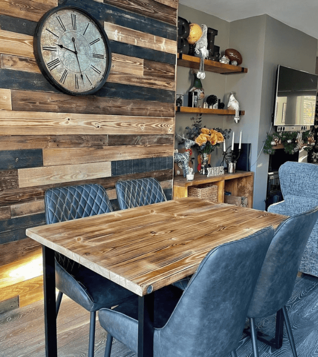 accent wood wall in small kitchen