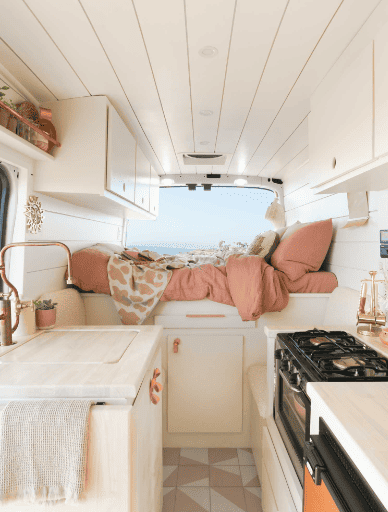 pretty pink and white small caravan interior design ideas