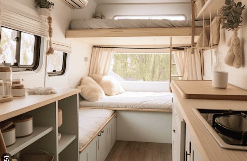 white and beige interior design ideas for small caravan or travel trailer