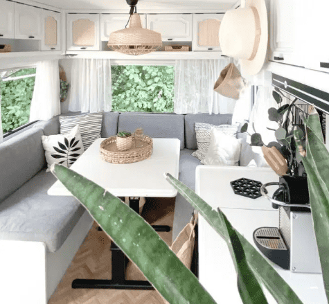 grey and natural wood small caravan interior design ideas